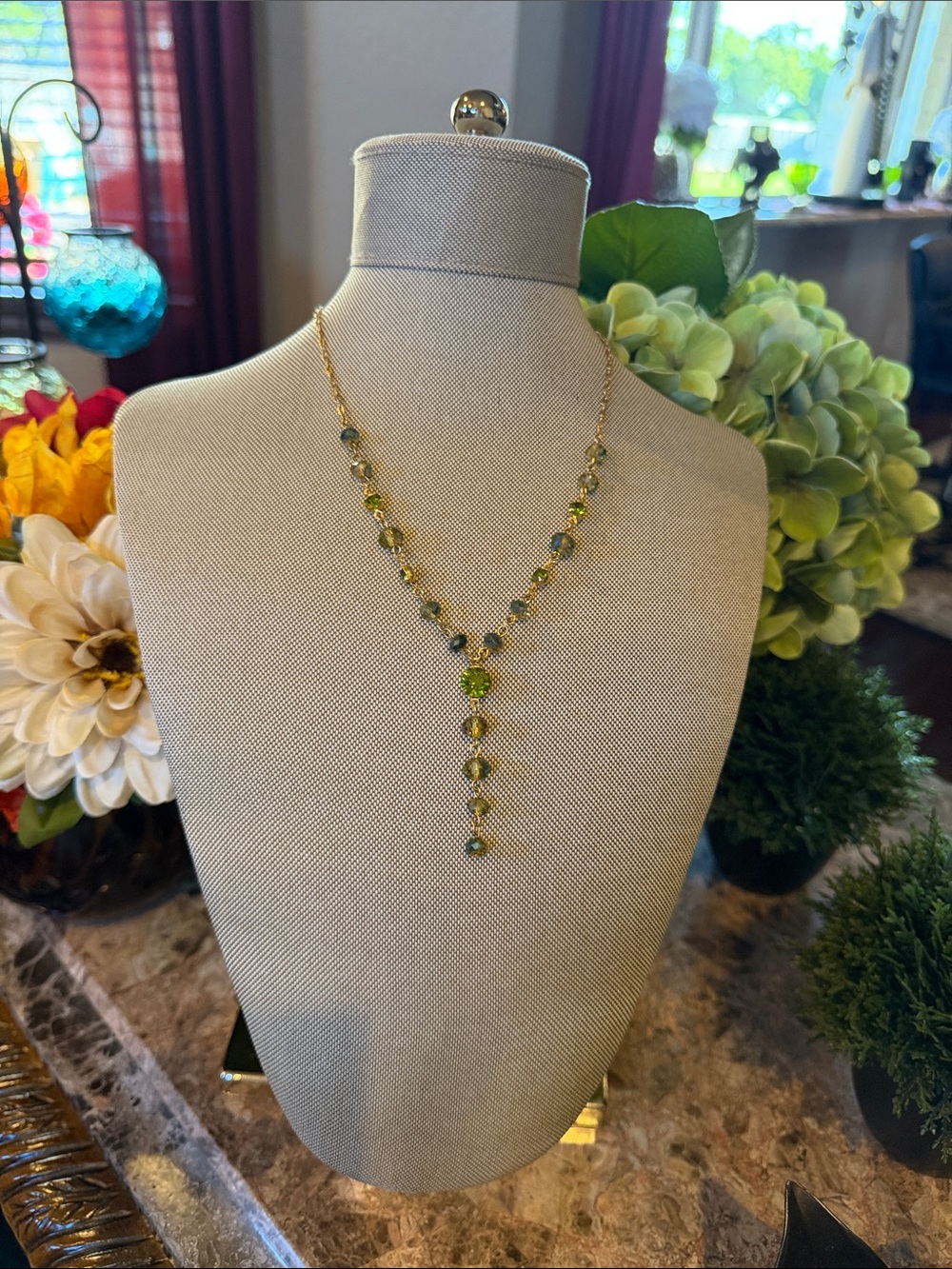Gold Plated Green Crystal Y-Drop Necklace - Unbranded